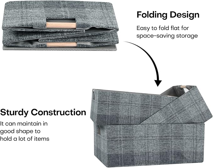 Fabric Storage Bin Box Collapsible Cotton Linen Storage Cube with Wooden Handles Rectangular Decorative Home Organizer Clothe