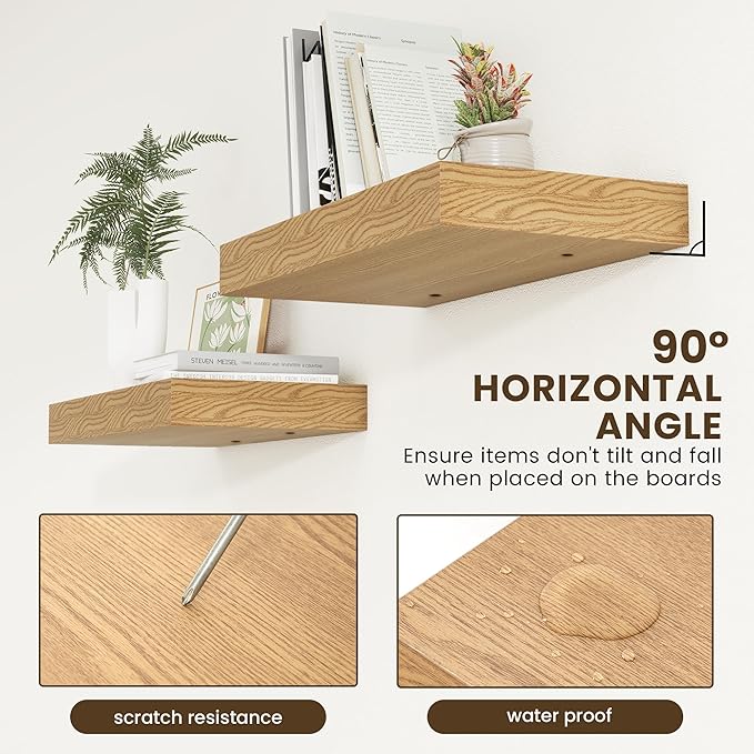 Deep Floating Shelves | 24 Inch Oak Floating Shelves Set of 2 | 12 Inch Deep Rustic Wood Shelves for Wall | 24" W x 12" D Oak