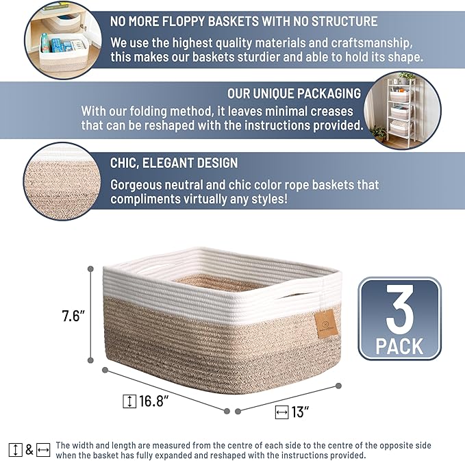 NaturalCozy Storage Baskets 16.8”x13”x7.6” Cotton Rope Woven Baskets for Organizing 3-Pack | Toy Storage Bins | Basket for Sh