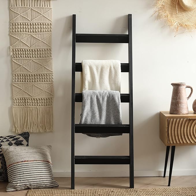 FUIN 5ft (58") Wood Blanket Ladder Living Room Decorative Wall Leaning Farmhouse Quilt Display Holder Shelf Rustic Wooden Tow