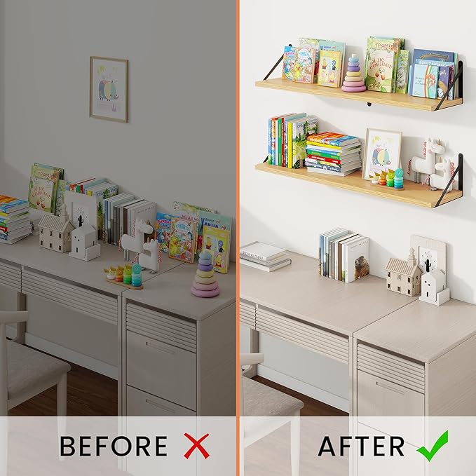 Book Shelf for Wall, Oak Shelf, Floating Shelves with Brackets, 36 inch Wall Shelves Set of 3, Particle Board Shelving for Ki