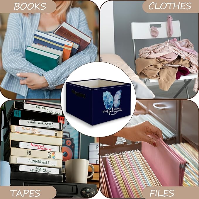 Navy Blue Christian Butterfly Foldable Storage Bins Box with Handles, With God All Things Are Possible Bible Verse Collapsibl