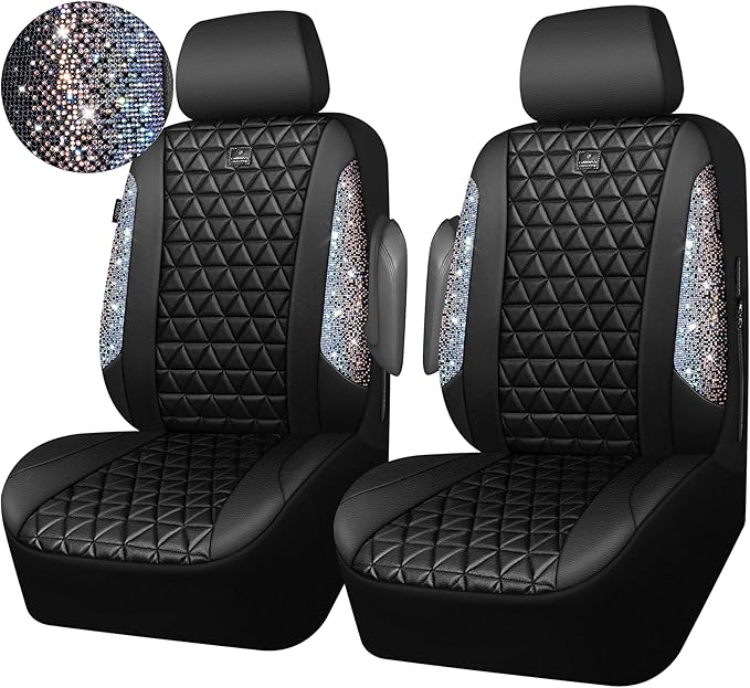 CAR PASS Bling Diamond Leather Car Seat Covers for 2 Front Interior Sets, Waterproof Shining Glitter Sparkly Crystal Universa