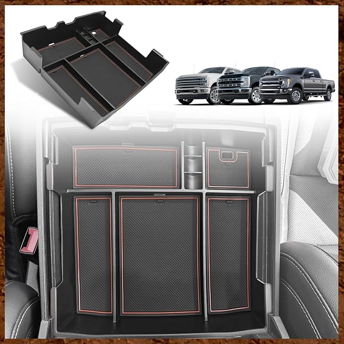 Muslogy Center Console Organizer For 2023-2026 Ford F250 F350 F450 Super Duty Accessories Custom Fit Storage Box Divider(Fit with OEM Tray), Fits Bucket Seats Only, Not for Work Surface Console(Brown)