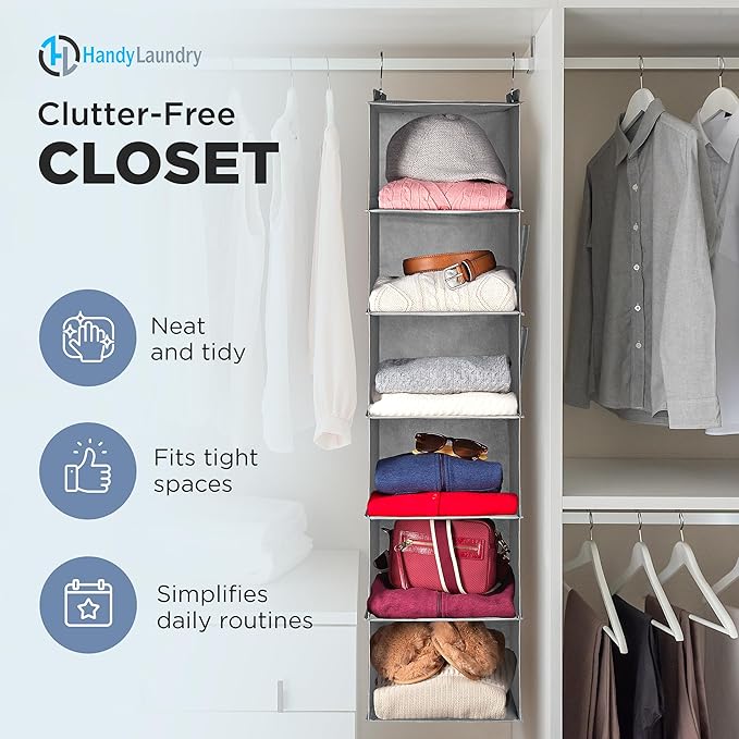 Handy Laundry Hanging Closet Organizer - 6 Shelf Storage for Clothes, Sweaters, Shoes & Accessories - Space-Saving Wardrobe S