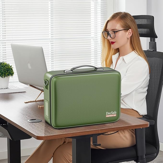 DocSafe Fireproof Document Box with Lock＆Shoulder Strap,Hard Case File Organizer with Accordion File Folder,Multi-Layer Porta