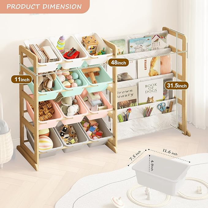 EXPERLAM Toy Storage Organizer with Bookshelf - 12 Storage Bins 4-Tier Multipurpose Shelf to Organize Toys and Books for Kids