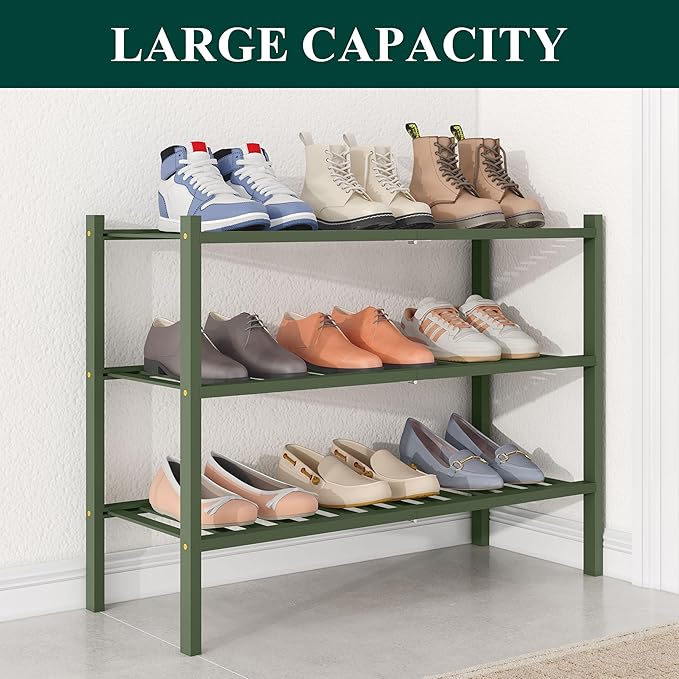 Smiry Bamboo Shoe Rack for Closet, 3 Tier Wooden Stackable Shoe Organizer, Free Standing Shoes Storage Shelf for Entryway, Fr