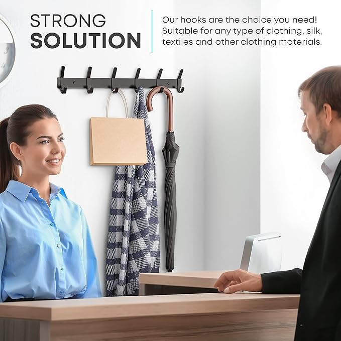Matte Black Coat Rack Wall Mount – 17 Inch Stainless Steel Hook Rail with 6 Double Coat Hooks – Wall Mounted Entryway Organiz