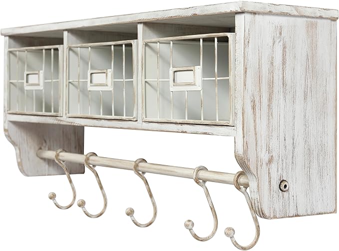 BizChair Wall Mounted Storage Rack - Whitewashed Solid Pine Wood - 24 Inch - Upper Shelf - 5 Hooks - Wire Baskets - For Entry
