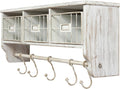 BizChair Wall Mounted Storage Rack - Whitewashed Solid Pine Wood - 24 Inch - Upper Shelf - 5 Hooks - Wire Baskets - For Entry