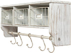 BizChair Wall Mounted Storage Rack - Whitewashed Solid Pine Wood - 24 Inch - Upper Shelf - 5 Hooks - Wire Baskets - For Entry