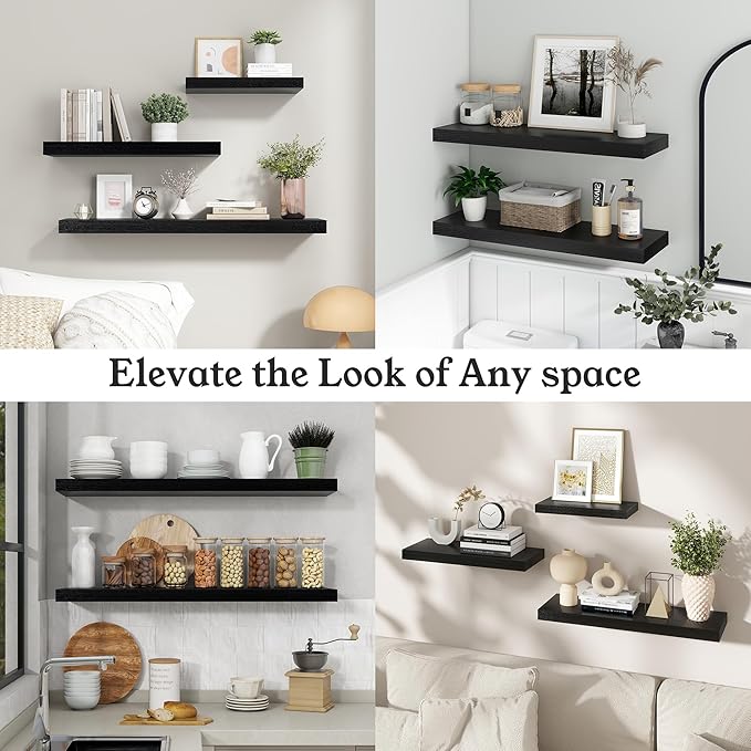 Floating Shelves for Wall, 9.3" Deep Wall Mounted Wood Shelves for Bathroom, Bedroom (Black, 48)
