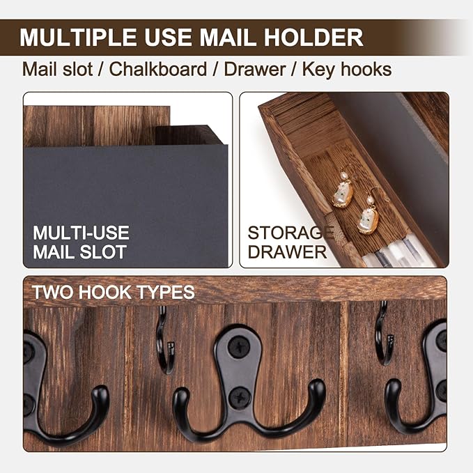 Mail and Key Holder Wall Mount with Storage Drawer – Modern Wooden Mail Organizer for Wall Entryway, 7 Key Hooks & Chalkboard