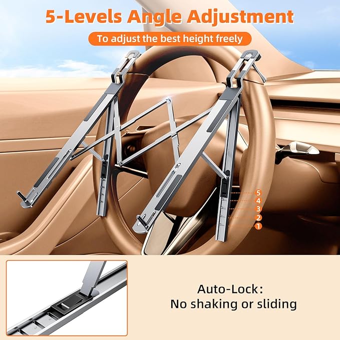 Foldable Car Laptop Holder, Adjustable Car Laptop Mount for Steering Wheel Tray Holder, Metal Notebook stand| Car Reading Stand | Car Tablet Holder, Multipurpose Travel Car Accessories-Silver