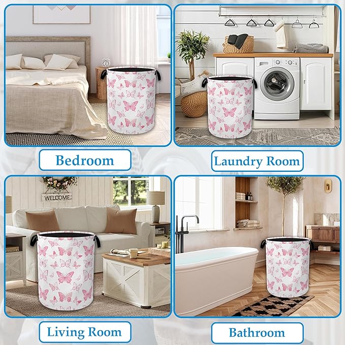 Pink Butterfly Laundry Basket Collapsible Laundry Hamper Clothes Toy Storage Bin for Bathroom Bedroom Room Decor 16" X 20.8"