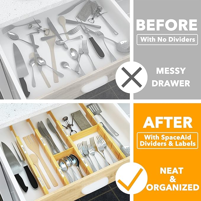 SpaceAid Bag Storage Organizer for Kitchen Drawer, (1 Box 4 Slots) Bamboo Drawer Dividers 6 Dividers with 12 Inserts (17-22 i