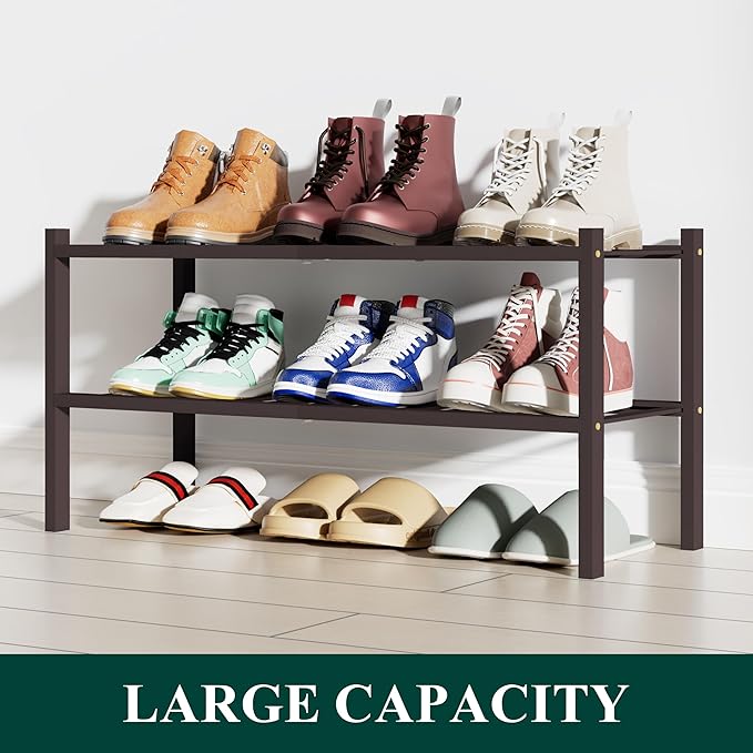 Smiry Shoe Rack, 2 Tier Bamboo Shoe Organizer, Stackable Free Standing Wooden Shoe Storage Shelf for Closet, Entryway, Front 