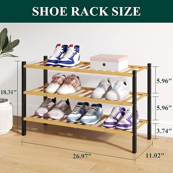 Smiry Bamboo Shoe Rack for Closet, 3 Tier Wooden Stackable Shoe Organizer, Free Standing Shoes Storage Shelf for Entryway, Fr
