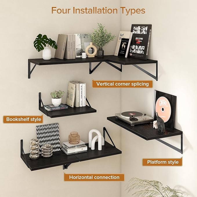 Deep Floating Shelves Wall Mounted, 36"x12" Black Wall Shelves with Brackets Set of 2 for Bedroom, Living Room, Bathroom, Kit