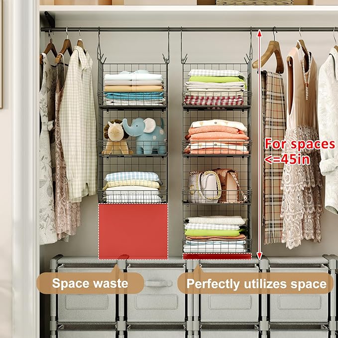4 Tier Closet Hanging Organizer, Closet Organizers and Storage with 5 S Hooks, Closet Hanging Shelves & Freestanding Wire Sto