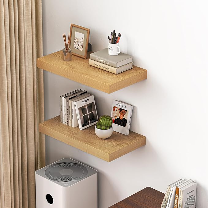 Dreamland 24" Floating Shelves for Wall, 12" Deep Thicker Oak Floating Shelves, Wall-Mounted Shelves for Bedroom, Living Room