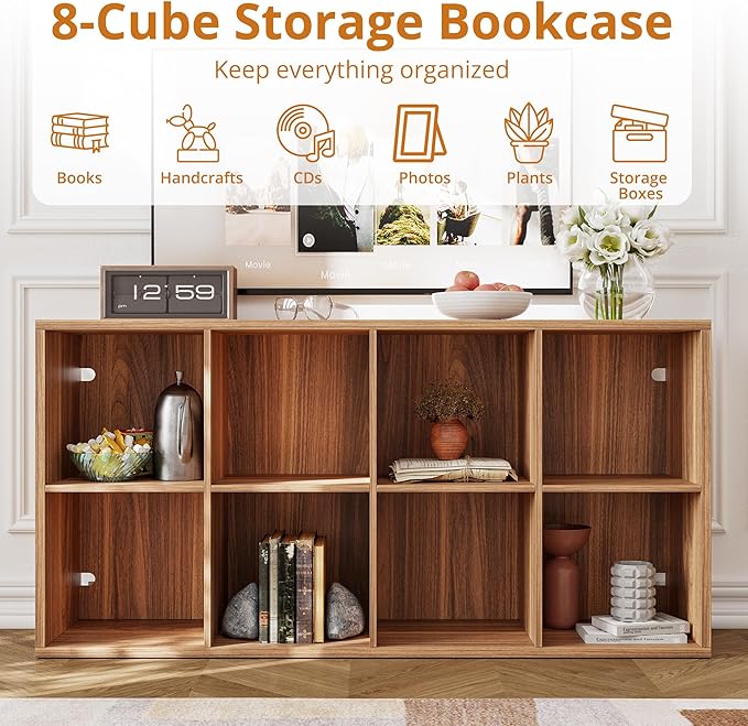 IROCNK Bookshelf, 8-Cube Storage Cube Shelf Organizer, Extra Thick Frame Horizontally & Vertically Reversible Bookcase with O