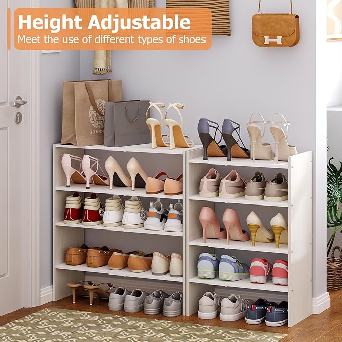 X-cosrack 2-Tier Shoe Rack Organizer for Closet, Expandable and Adjustable White Shoe Rack, Stackable Iron Wood Combination S