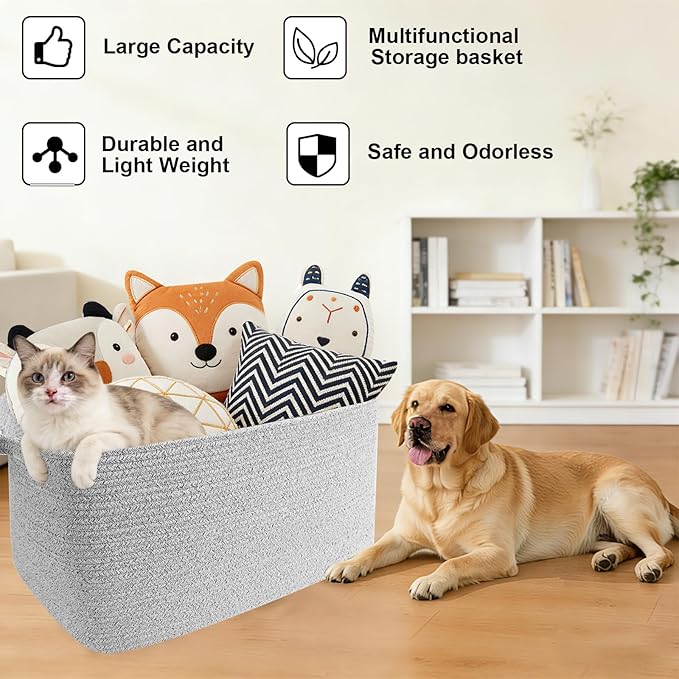 96L Large Blanket Basket,24"x16"x15"Rectangle Storage Bin with Handles,Woven Rope Laundry Basket for Toys, Clothes,Magazines,