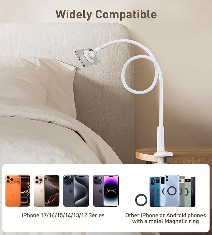 Magnetic Gooseneck Phone Holder Mount for iPhone 17/16/15/14/13/12 - Magnetic Stand Tabletop Clamp 360°Rotation Adjustable for Office/Home Compatible with iPhone 17 16 15 14 13 12 Mini Plus Pro Max