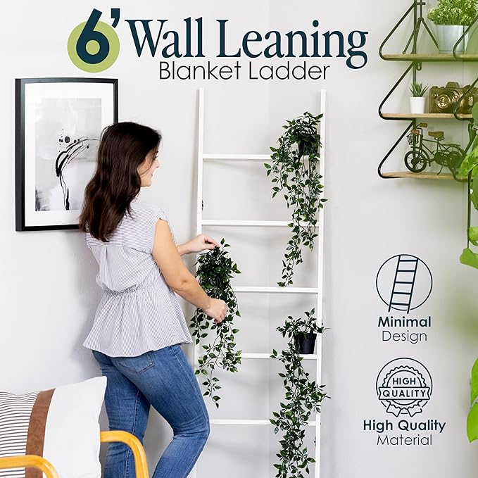 Blanket Ladder for Living Room and Bedroom, 5ft 8 inch, 6-Tier Wall Leaning Laminate Snag Free Construction (White) Rustic De