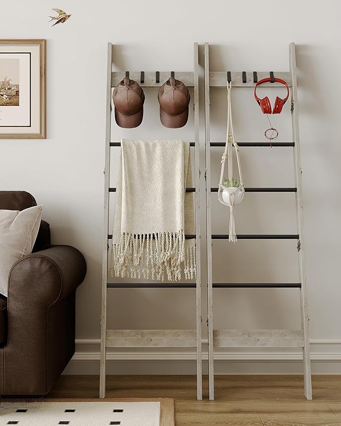 Hzuaneri Blanket Ladder for Living Room, Decorative Quilt Rack with 4 Removable Hooks, 6-Tier Farmhouse Ladder Holder Shelf O
