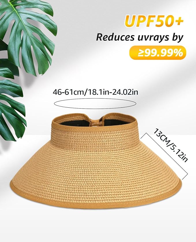 Sun Visor Hat for Women, Wide Brim Straw Summer UV Protection Hat, Foldable Roll-up Packable Beach Cap