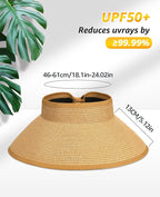 Sun Visor Hat for Women, Wide Brim Straw Summer UV Protection Hat, Foldable Roll-up Packable Beach Cap