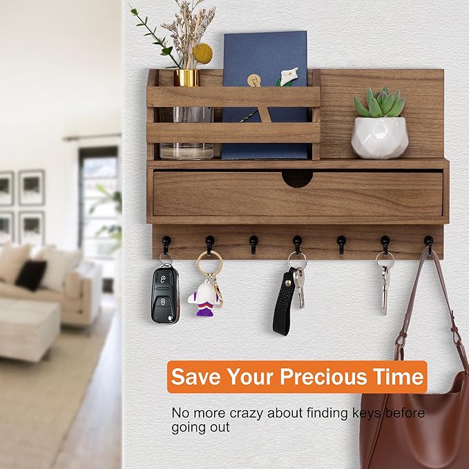 dreampossible Key and Mail Holder for Wall, Mail Organizer Wall Mount with 6 Hooks and Storage Drawer, Wooden Key Rack Hanger
