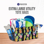 Extra Large Utility Tote Bag - Oversized Collapsible Reusable Wire Frame Rectangular Canvas Basket With Two Exterior Pockets For Beach, Pool, Laundry, Car Trunk, Storage - Pineapple