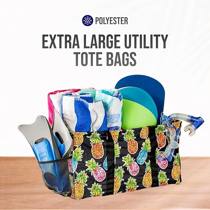 Extra Large Utility Tote Bag - Oversized Collapsible Reusable Wire Frame Rectangular Canvas Basket With Two Exterior Pockets For Beach, Pool, Laundry, Car Trunk, Storage - Pineapple