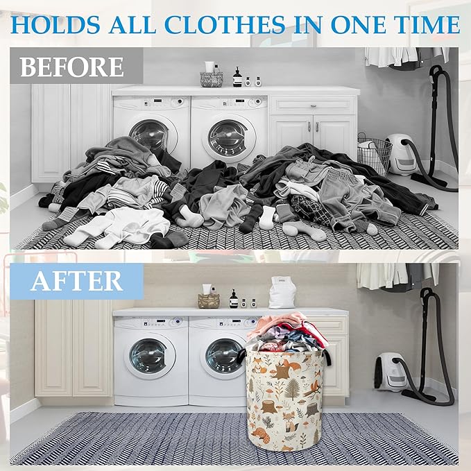 Woodland Fox Laundry Basket Collapsible Laundry Hamper, Oxford Cloth Storage Bin for Room/Bathroom/Bedroom/Dormitories 16" X 