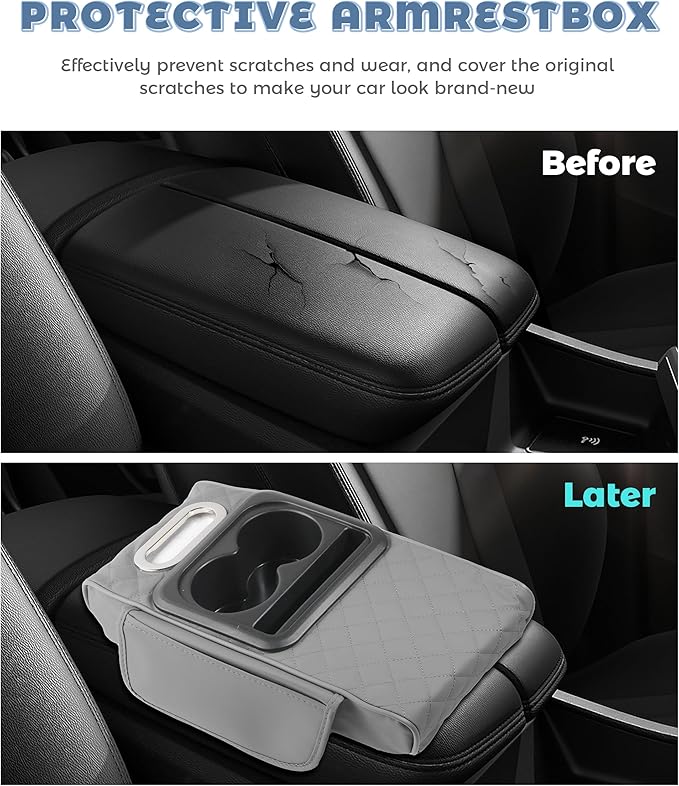 Car Armrest Storage Box,Car Accessories Console Organizers and Storage,Universal Waterproof Leather Console Cover with Cup Holder and Phone Holder,Suitable for Most Cars (Embroidered, Gray)