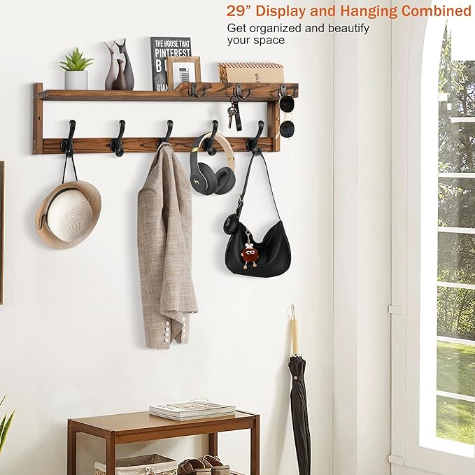 29'' Coat Rack Wall Mount with Shelf, Coat Hanger Wall Mount with Key Hooks and Mail Holder, Wood Entryway Floating Shelf wit