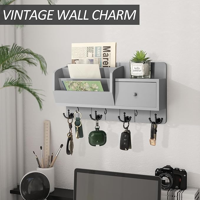 Rebee Vision Key Holder Wall Mount with Mail Sorter and Drawer Organizer - Modern Mail Organizer Wall Mounted with Wall Hooks