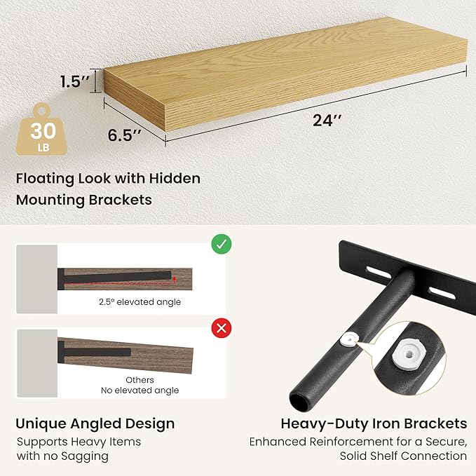 Fun Memories Rustic Wood Floating Shelves for Wall, Space-Saving Wall Mounted Shelves for Bathroom, Bedroom, Living Room and 