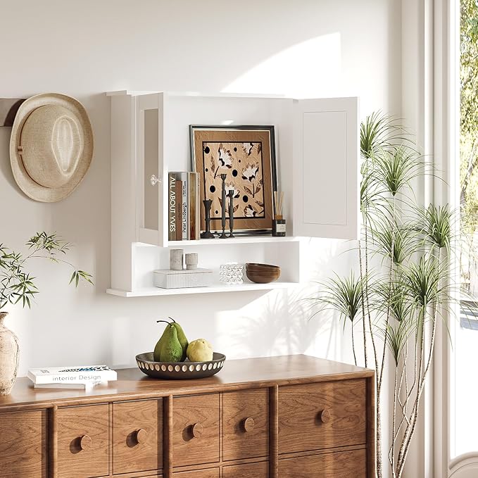 VINGLI Medicine Cabinet with Mirror, Wall Mounted Bathroom Cabinet with Open Shelf, 2-Door White Storage Organizer Over Toile