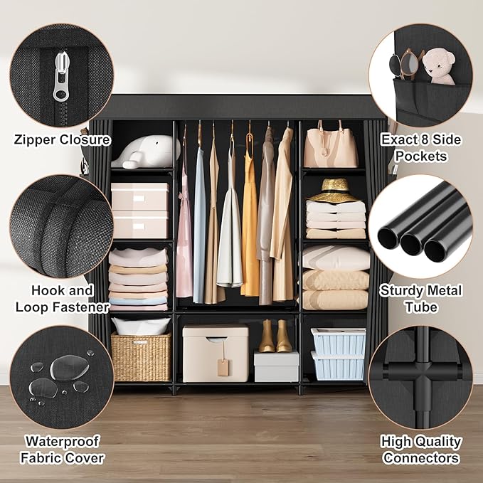Portable Closet for Hanging Clothes 57.3 Inch Large Capacity Wardrobe Closet with Cover, 8 Pockets and 1 Hanging Rod, Easy As