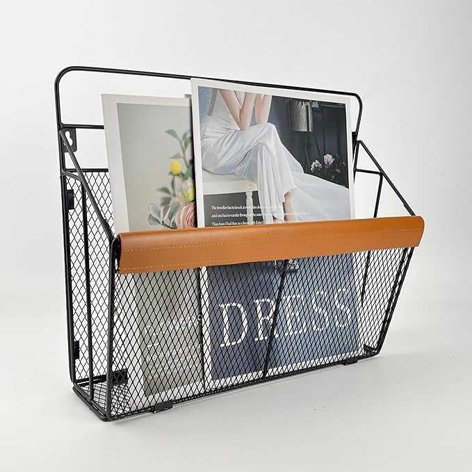 Wall Mounted Magazine Rack with Leather Trim, Decorative Art Wall Magazine Holder, Hanging Paper Organizer, Metal Wire Magazi