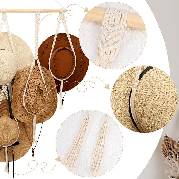 ZYP Macrame Hat Hanger Boho Hat Rack for Wall Hat Holder Display Organizer Bobo Hanging Hat Organizer Storage for Wide Brim H