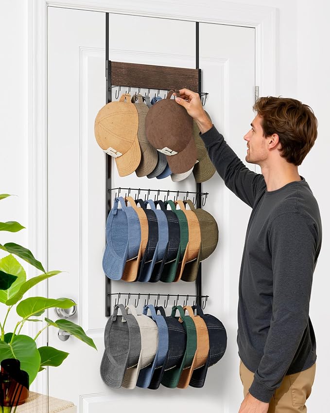 FANGSUN 3-Tier Over the Door Hat Rack with 30 Movable Hooks – Wall Mounted Hat Organizer for Baseball Cap Storage, Cap Holder