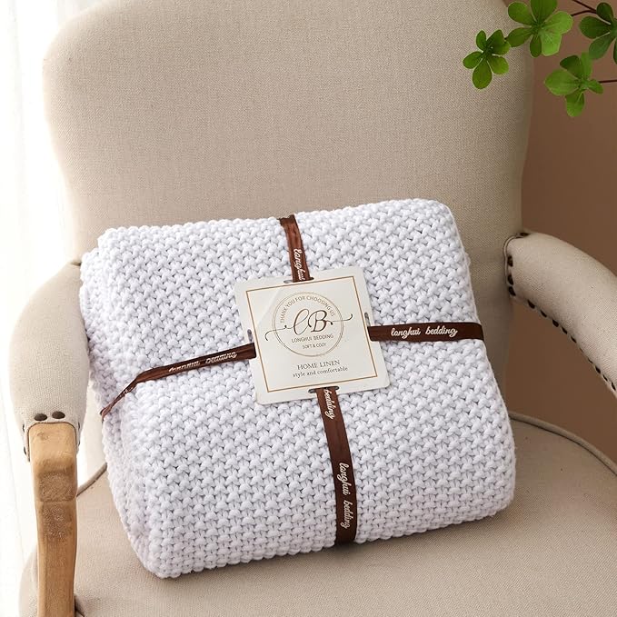 Chunky Cable Knit Throw Blanket Lightweight White 100% Organic Cotton Blanket for Sofa Couch Bed Baby Nursery, Rustic Shabby 