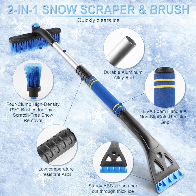 LivTee 32" Extendable Ice Scraper & Snow Brush for Car Windshield, 360° Rotating Snow Removal Tool for Cars, Trucks & SUVs, Automotive Winter Essentials & Car Accessories for Men, Blue