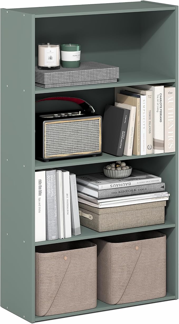 Furinno PASIR Book Shelf, 4-Tier Bookshelf, Bookcase, 9.4" x 23.6" x 41.7", for Living Room, Bedroom, Home Office, Sage Green